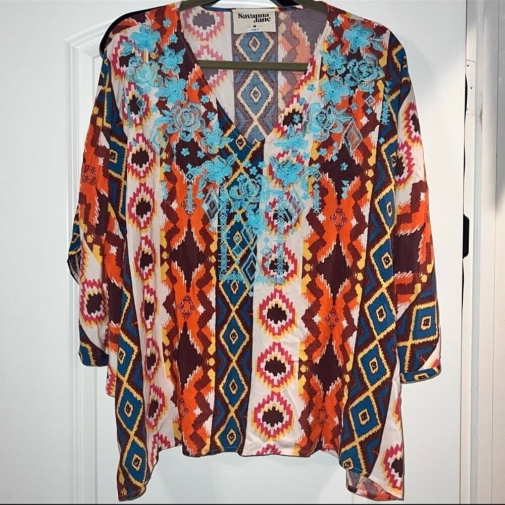 Savanna Jane V Neck Embroidered Poncho Top